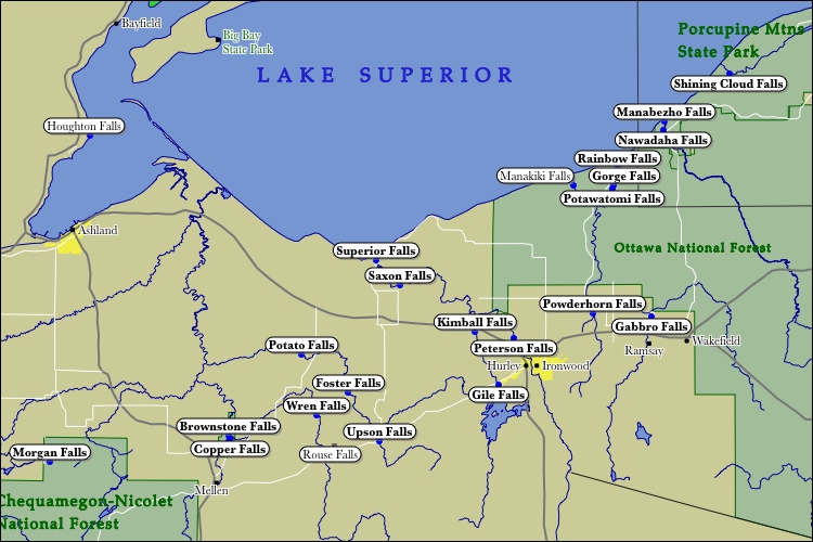 Map of Ashland County, Iron County & Gogebic County WaterFalls