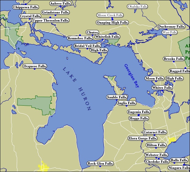 Map of Lake Huron Waterfalls